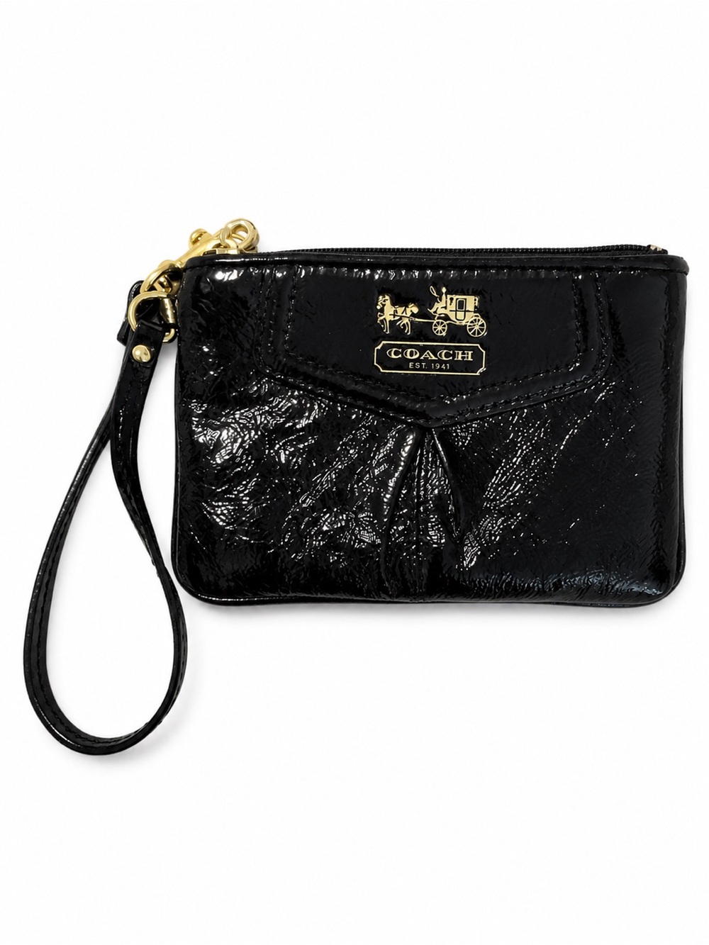 Coach Black Patent Leather Zip Wristlet w/ Gold Logo